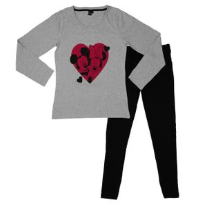 Disney Minnie Mouse Schlafanzug für Damen - Herzen Pyjama Set Langarm Oberteil mit Hose Grau/Schwarz, Größe:L