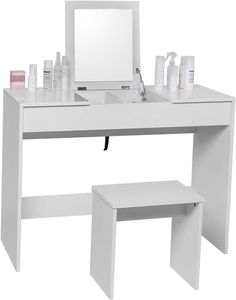 WOLTU Schminktisch Kosmetiktisch mit Hocker und klappbar Spiegel, Hochglanz Tischplatte,Schreibtisch 100x45x76cm,  Weiß