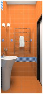 Wallario selbstklebende Türtapete 93 x 205 cm - Modernes Badezimmer in orange mit blauen Fliesen - Abwischbar, rückstandsfrei zu entfernen