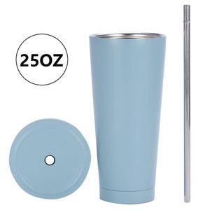 25oz Edelstahl Becher mit Strohhalm und Deckel, Vakuum Isolierte Thermobecher, Travel Mug, Isolierbecher für Eiskaltes oder Warmes Trinken, Hellblau, 750ml, Edelstahl