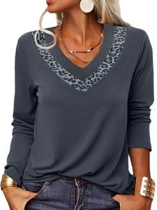MORYDAL Langarmshirts Damen gespleißt T-Shirt Loungewear gegen Nacken Tops grundlegende Farbblock-Tunika-Bluse,Farbe:Grau,Größe:M