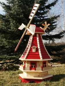 Große1,30m  Windmühle mit Solar aus Holz für den Garten rot Typ 3.1