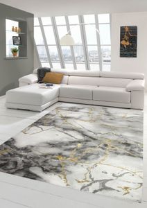 Teppich Wohnzimmer Design Teppich Marmor Optik mit Glanzfasern in Grau Gold Größe - 120x170 cm