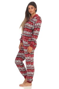 Damen Jumpsuit Overall Schlafanzug Norweger-Look, Overall mit Kapuze - 291 267 97 959, Farbe:rot, Größe:44/46