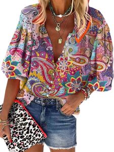 Damen Blumendruck Hemden Elegante Tops Vintage Stehendes Kragen Tunika Casual Hemd  Stil e,Größe L