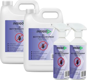 INSIGO 2x2L + 2x500ml Anti-Bettwanzenspray, Mittel gegen Wanzen, Bettwanzenbefall, Wanzenschutz, blockiert Eier & Larven, auf Wasserbasis, fleckenfrei, geruchsarm, Langzeitwirkung, gegen Ungeziefer Parasiten