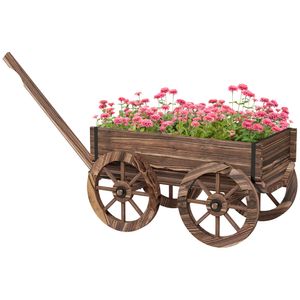 Outsunny květinový truhlík v dřevěném provedení, vozík na rostliny s rukojetí, truhlík na rostliny, stojan na květiny na zahradu, terasu, nosnost až 30 kg, ohořelý, 120 x 41 x 54 cm
