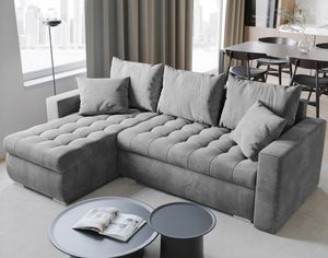 BroMARKT Ecksofa LUIS mit Schlaffunktion Bettkasten Kissen Couch Sofa L-Form, Hellgrau