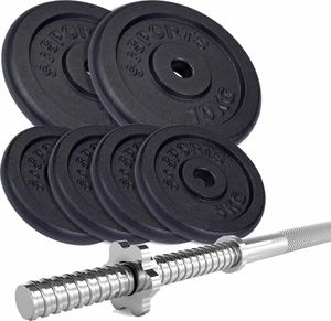ScSPORTS® Langhantel Set - 49kg, Langhantelstange 30mm, 160cm, 2x10kg, 4x5kg Gewichte, Gusseisen, Sternverschluss - Langhantelset, Hantelset, Langhantelstange mit Gewichten