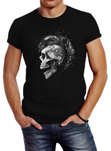 Herren T-Shirt Punk Mohawk Skull Totenkopf Irokese Shirt Slim Fit Neverless® schwarz L
