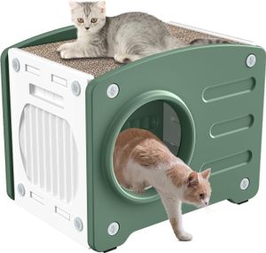 JOIEYOU Katzenhaus Outdoor Katzenhöhle Katzenhütte mit Kratzbretter Katze Winterfest Wasserdicht Draußen Kunststoff Katzenhäuschen Grün+Weiß,55,3x40,5x46 cm
