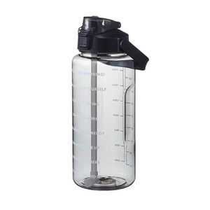 2L Trinkflasche Sportflasche Wasserflasche Getränkeflasche Fitness Trinkflasche mit Strohhalm,mit Zeitmarkierung (Transparentes Schwarz)