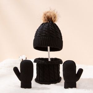 3-teiliges Kindermützen Set, mit Schal und Handschuhen, Wolle Einfarbig Twist Warm Mütze(Schwarz)