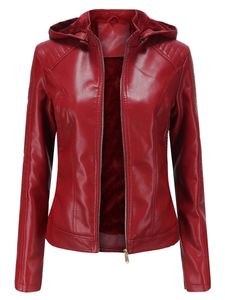 Damen Lederjacken Kapuzen Outwear Fleece Gefüttert Motorrad Jacken Casual Winter Rot,Größe XL