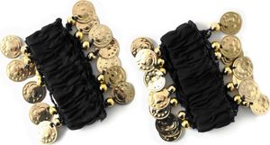 Belly Dance Handkette Armband Handschmuck Fasching Tanzen Bauchtanzen Handgelenk Manschette Verkleidung Armbänder mit goldfarbenen Münzen (Paar) in schwarz