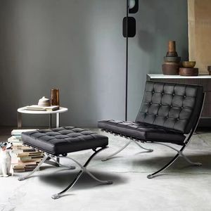 360Home Vintage Sessel mit hocker aus echtleder Matt-schwarz