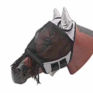AMKA Pferde Fliegenmaske Fliegenhaube mit Ohrenschutz und abnehmbaren Fransen, Nüsternschutz in L