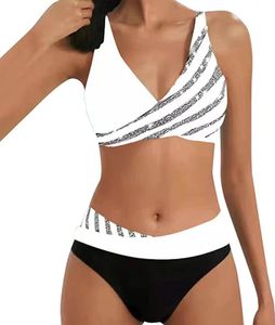 ASKSA Dámské plavky Push Up Two Piece Stripe High Waist Sport Swimsuit, bílé, 3XL