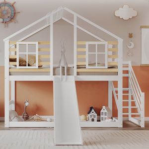 Flieks Patrová postel 90x200 cm s ochranou proti vypadnutí, dětská postýlka se skluzavkou, podkrovní postel se schody a lamelovým rámem, patrová postel, bílá