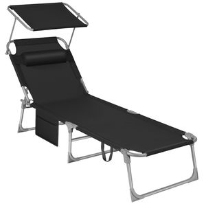 SONGMICS Sonnenliege, klappbarer Liegestuhl, mit Seitentasche, 53 x 193 x 29 cm, bis 150 kg, Kopfstütze, verstellbarer Rückenlehne Schwarz