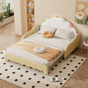 Flieks čalouněná postel 140x100cm/140x200cm, dětská postel s ochranou proti vypadnutí, rozkládací pohovka s lamelovým roštem, postel pro mládež s LED, PU, žlutá barva