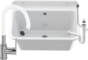 Ausgussbecken für Garage Keller Werkstatt und Waschküche, Universal Waschtrog mit Siphon, Waschbecken Wandmontage, Modell 3, Weiß