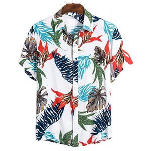 Herren T-Shirts Mit Blumendruck Kurzarm Taschen Revers Hawaii Beach Casual Top,Farbe: Weiß,Größe:XL