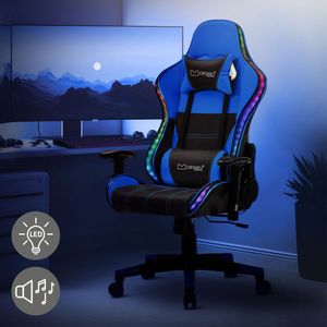 ML-Design Gaming Stuhl mit RGB LED-Beleuchtung & Bluetooth-Lautsprechern, Schwarz/Blau, aus Kunstleder, Ergonomischer Bürostuhl, Rückenlehne, Kopfstütze, Lendenkissen, drehbar-verstellbar, Racing Gamer Stuhl