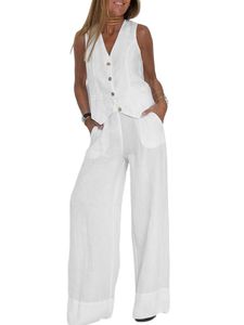 Damen Freizeitanzug Anzüge Weste+Wide Leg Hose Set Loose Fit 2 Stück Outfits Hausanzug Weiß,Größe S