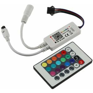 Bluetooth Controller für RGB LED Stripes mit IR Fernbedienung I max. 72 Watt, 12-24Volt I 5,5/2,1mm Hohlstecker I App für Android und IOS I Inline Modul 70x20x10mm