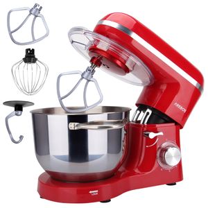 AREBOS Küchenmaschine 1500W mit 6L Edelstahl-Rührschüssel, Küchenmaschinen,  inkl. Rührhaken, Knethaken, Schneebesen, Spritzschutz, 6 Geschwindigkeiten, Rot