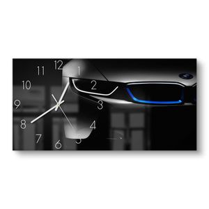 DEQORI Glasuhr 60x30 cm Zahlen 'BMW i8 Frontalaufnahme' Wanduhr Glas Uhr Design leise