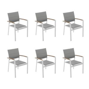 NATERIAL - 6er Set Gartenstühle SAN DIEGO mit Armlehnen - 6 x Gartensessel - Stapelbar - Aluminium - Textilene - Weiß - Eukalyptus - Terrassenstühle - Essstühle