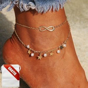 Fußkettchen Damen Gold Infinity Sternchen Perle Schmuck Fußkette Fusskette Frau