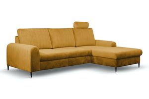 Ecksofa "Monaco" Eckcouch Sofa Schlaffunktion senfgelb / Füße Gold Recamiere rechts