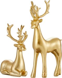 2 Stück Weihnachts-Rentier-Figuren, sitzende und stehende Hirsch-Statuen, Weihnachts-Hirsch-Statue, Heimdekoration, Ornament (Gold)