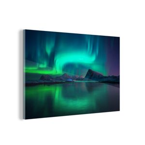 Glasbild - Wandbild auf Glas - 120x80 cm - Wandkunst - Nordlichter - Berge - Norwegen - MuchoWow