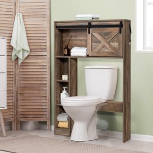 COSTWAY Toilettenschrank mit Schiebetür, Toilettenregal Holz, Badezimmerregal Badezimmerorganisator freistehend, Überbauschrank Waschmaschinenregal braun