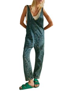 Damen Overalls Baumwolle Denim Labor Denim Jeans Hosen Tasche Hosentasche Strampler Farbe:Malachitgrün,Größe L
