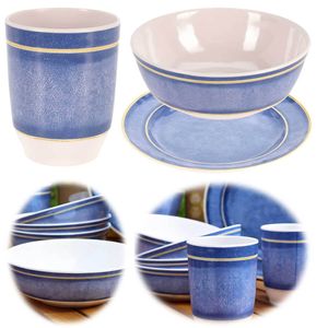 LS-LebenStil Camping-Geschirr Picknick-Set 12-teilig Maritim Blau Weiß 4 Personen Becher Teller Tasse Schale Mehrweggeschirr Camping Strand Wohnmobil