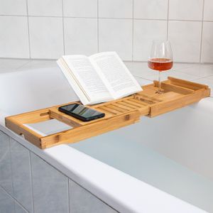 Badewannenablage aus Bambus, ausziehbar, mit Tablethalterung