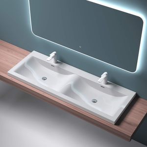 Mai & Mai Einbau-Waschbecken Waschtisch 2 Becken Mineralguss rechteckig 2 Armaturenlöcher Überlauffunktion BxTxH 120x48x12 cm Weiß Col03