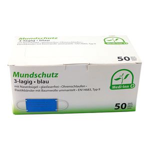 Medi-Inn® 50 "Medi-Inn®" Mundschutz Type II 3-lagig 9 cm x 17,5 cm blau mit Nasenbügel | Faltschachtel (50 Stück)