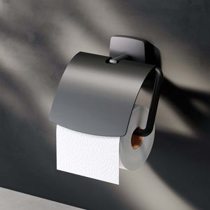 Toilettenpapierhalter mit Deckel Wandmontage ohne bohren klebend Klopapierhalter Edelstahl WC Papierhalter Badezimmer Edelstahl, Schwarz matt