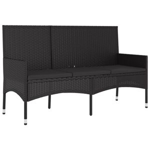 vidaXL Záhradná lavica 3-sed s vankúšom Black Poly Rattan