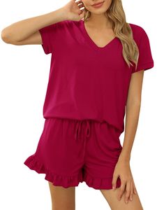 Damen Pyjamas Sets Lässig V-Ausschnitt Kurzarm T-Shirts Shorts Rüschen Homewear,Farbe:Rot,Größe:M