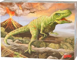 goki 57388 Würfelpuzzle Dinosaurier 14 x 10,5 x 3,5 cm, Holz, 6 Motive, 12 Würfel, bunt