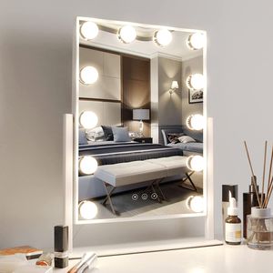 Hollywoodské zrcadlo s osvětlením Zrcadlo na toaletní stolek s 12 stmívatelnými LED diodami, 3 teploty barev světla, otočné o 360°, dotykové ovládání, stolní kosmetické zrcadlo