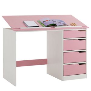 Kinderschreibtisch aus massiver Kiefer in weiß/rosa, praktischer Schreibtisch mit neigungsverstellbarer Tischplatte, schöner Jugendschreibtisch mit 4 Schubladen