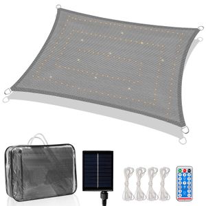 Fiqops Sonnensegel mit LED Beleuchtung Sonnensegel LED Solar Solarsonnensegel, Sternenhimmel Optik mit Schalter,Rechteck 300 x 200 cm Grau